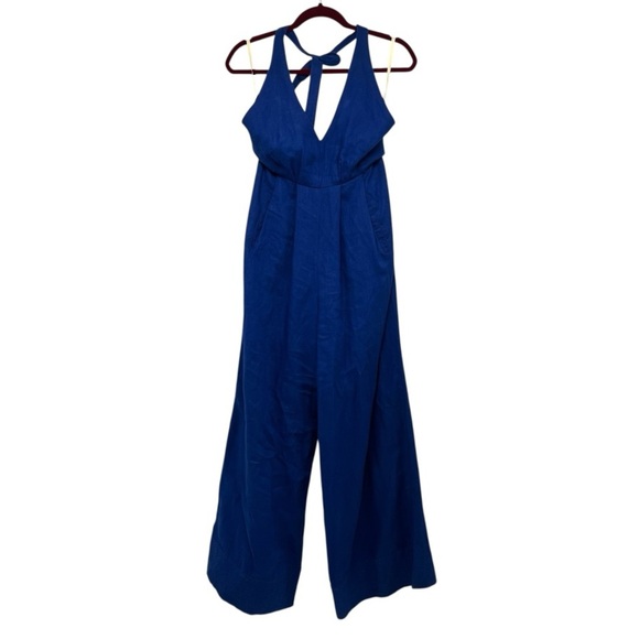 Farm Rio Blue Linen Halter Back Wide Leg Pleated Jumpsuit Women’s XS - Picture 11 of 16